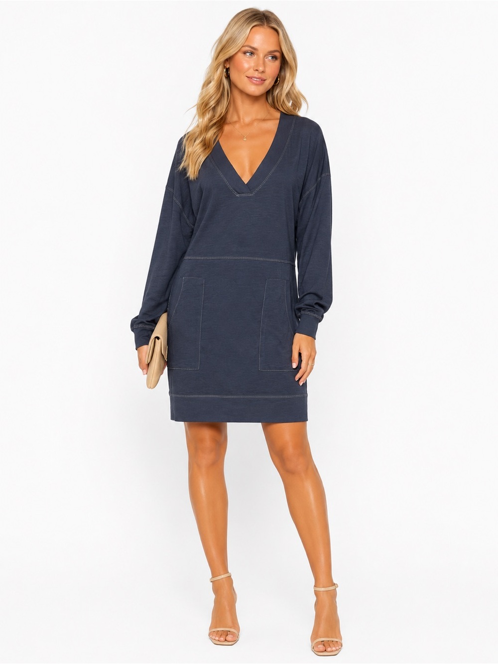 Natural Life Size Small Boho Oversized V-Neck Shirt Dress in Navy Blue